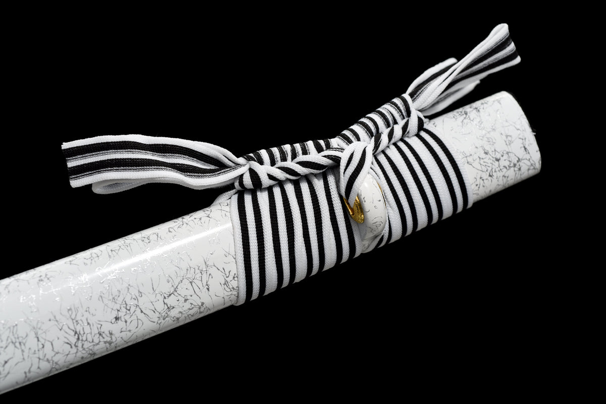 Handgefertigtes Katana mit durchgehender Klinge aus 1095 Kohlenstoffstahl, weiße Scheide, echtes Katana-Schwert