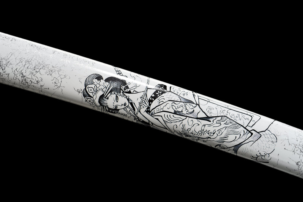 Handgefertigtes Katana mit durchgehender Klinge aus 1095 Kohlenstoffstahl, weiße Scheide, echtes Katana-Schwert