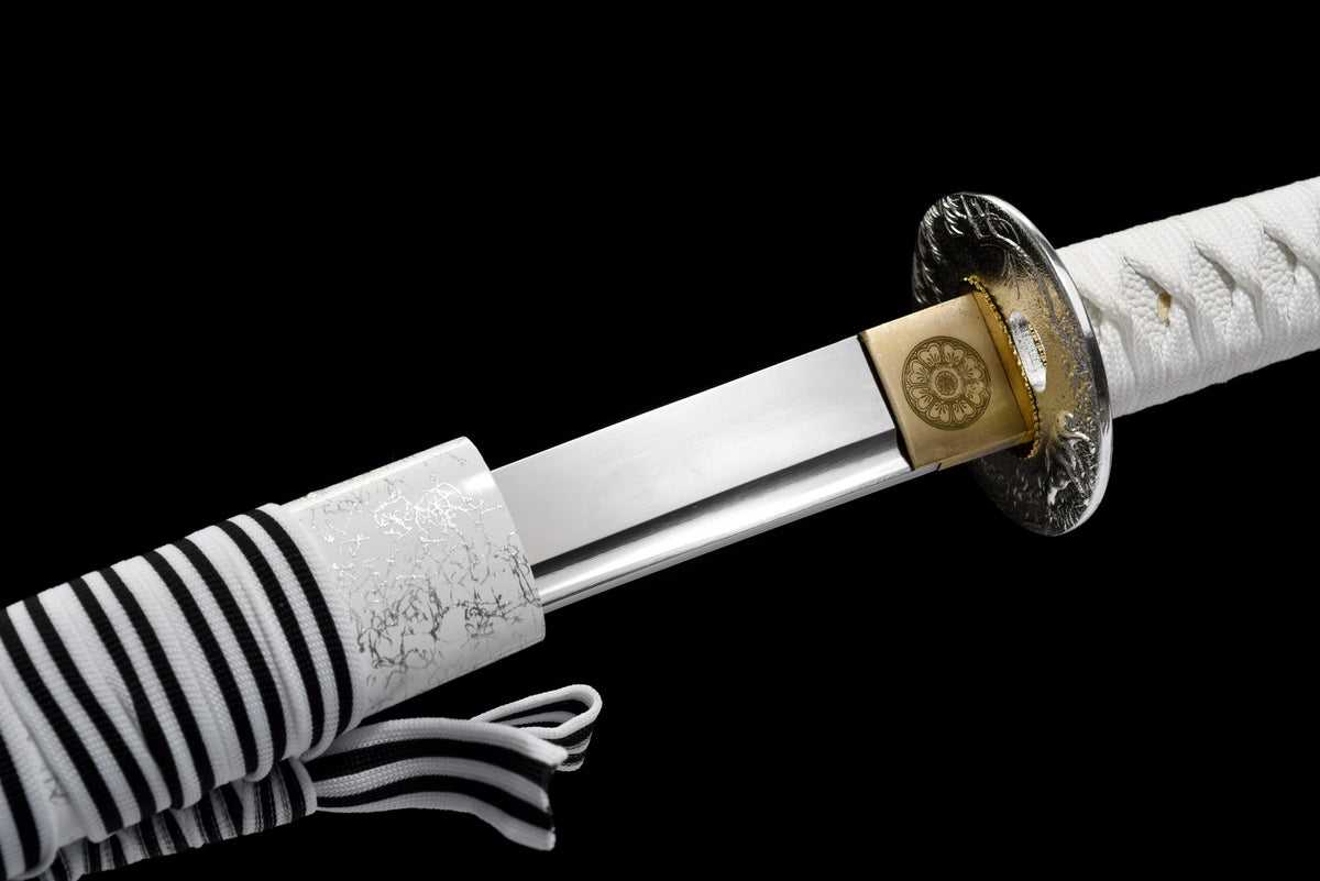 Handgefertigtes Katana mit durchgehender Klinge aus 1095 Kohlenstoffstahl, weiße Scheide, echtes Katana-Schwert