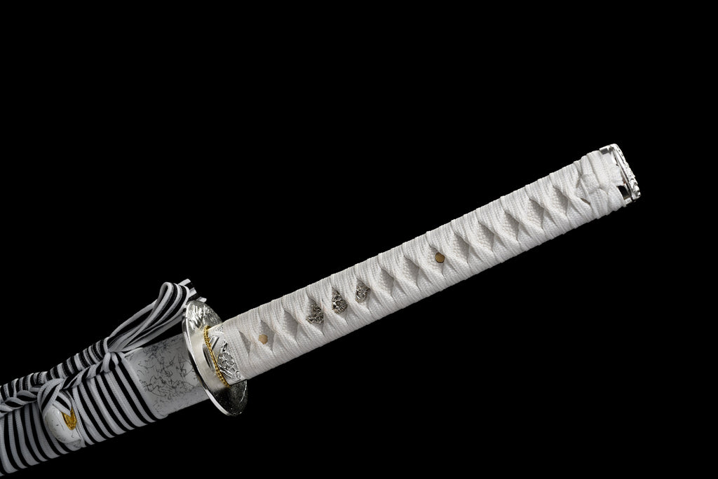 Handgefertigtes Katana mit durchgehender Klinge aus 1095 Kohlenstoffstahl, weiße Scheide, echtes Katana-Schwert