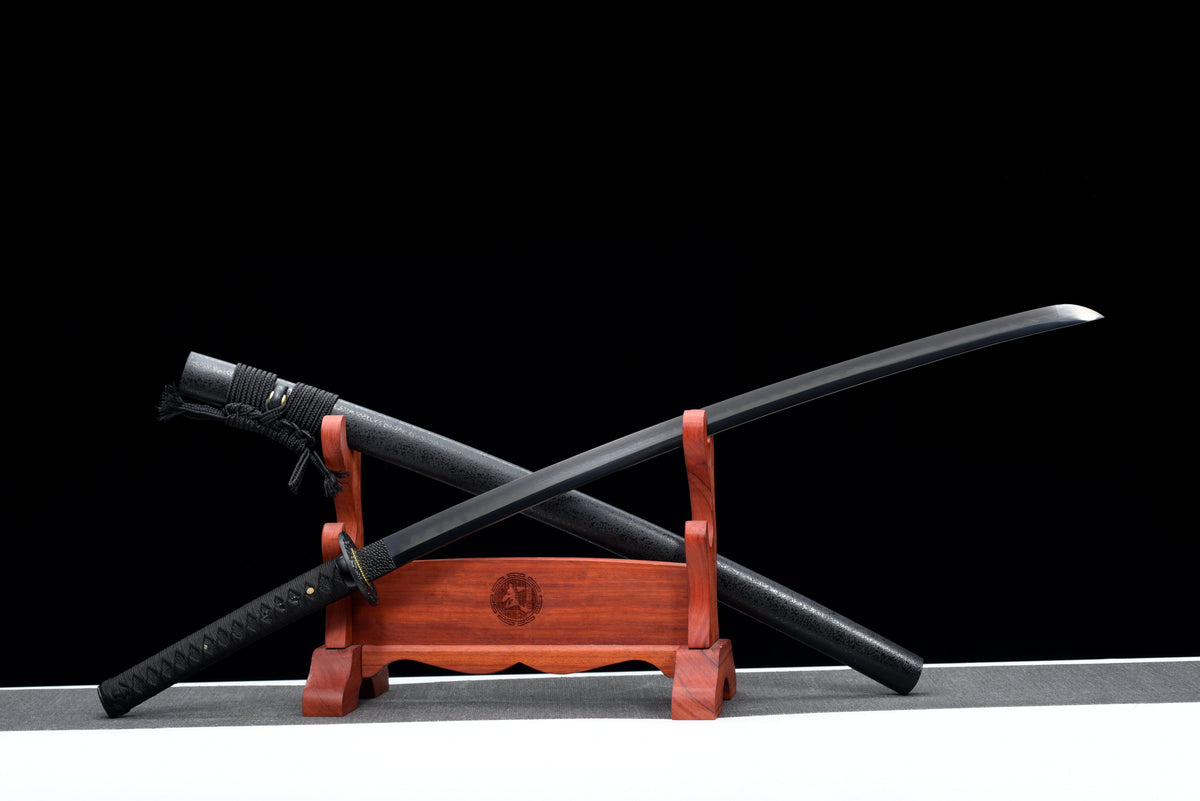 Handgeschmiedetes Full-Tang-Katana, 1095 Kohlenstoffstahl, schwarze Klinge, echtes Katana-Schwert