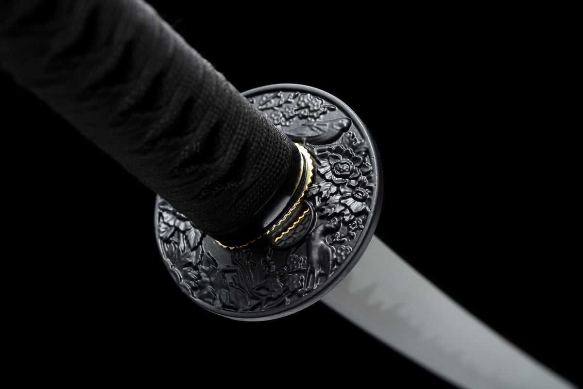 Handgeschmiedetes Full-Tang-Katana, 1095 Kohlenstoffstahl, schwarze Klinge, echtes Katana-Schwert