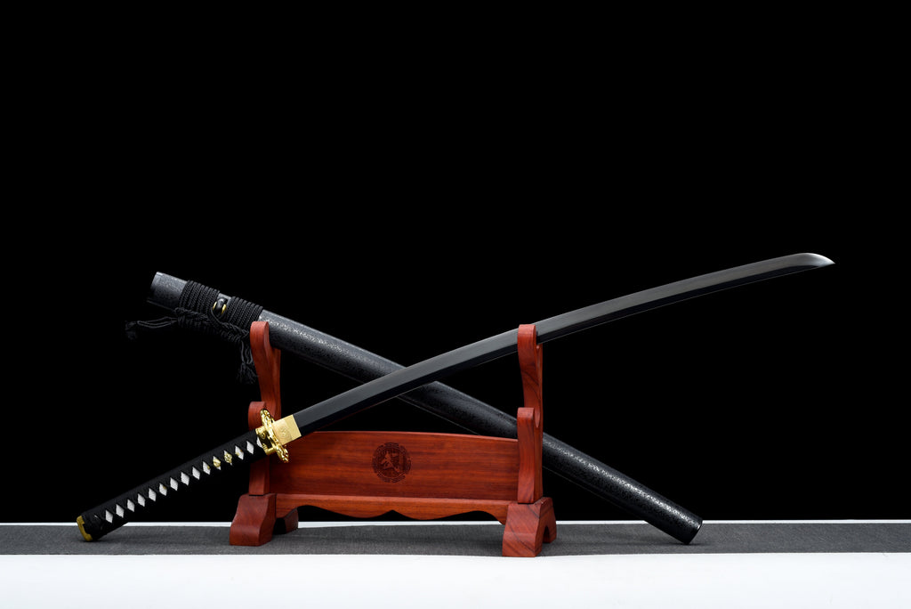 Handgefertigtes Full-Tang-Katana aus 1095er Kohlenstoffstahl, schwarze Klinge, echtes Katana-Schwert