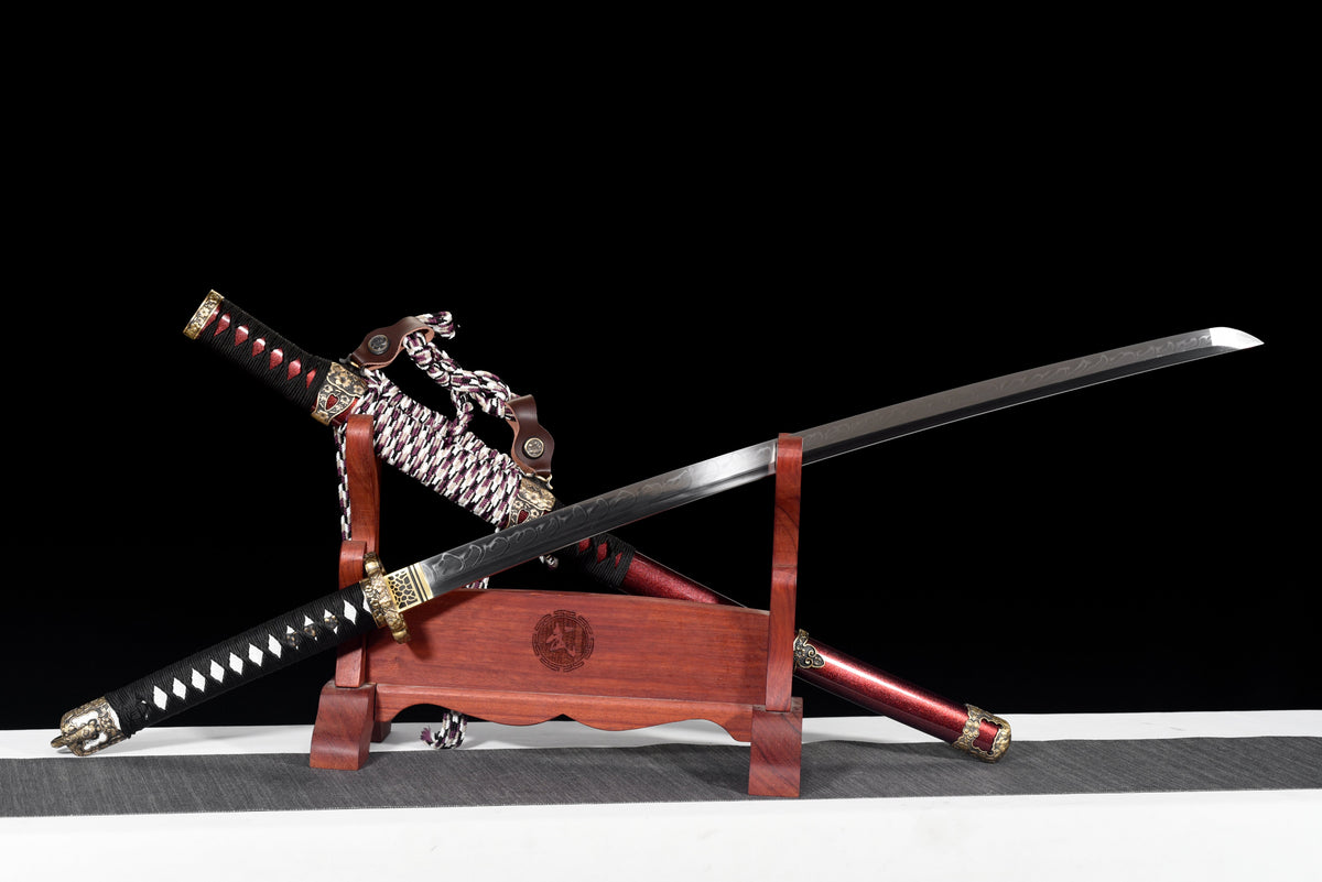 Handgefertigtes Tachi-Schwert mit durchgehender T10-Stahlklinge, echtem Hamon und Full-Tang-Konstruktion, 41 Zoll, echtes Katana-Schwert