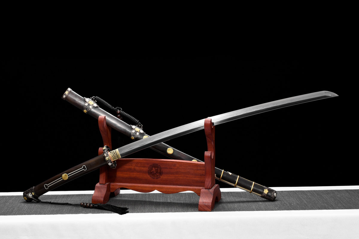Handgefertigtes Tachi-Schwert mit durchgehender Klinge aus Damaszenerstahl und echtem Hamon, 45 Zoll, echtes Katana-Schwert