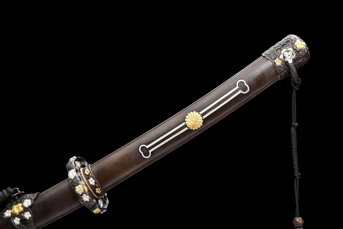 Handgefertigtes Tachi-Schwert mit durchgehender Klinge aus Damaszenerstahl und echtem Hamon, 45 Zoll, echtes Katana-Schwert