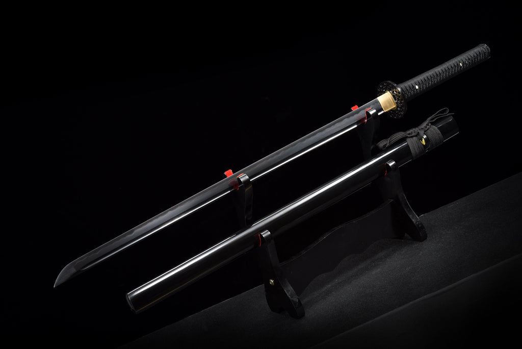 Handgefertigtes Ninjato-Schwert aus Federstahl, Full Tang, schwarze Klinge – Echtes Katana-Schwert