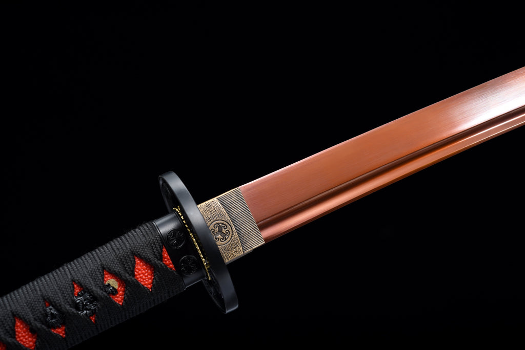 Handgefertigtes Full-Tang-Katana aus 1095er Kohlenstoffstahl, rote Klinge, echtes Katana-Schwert