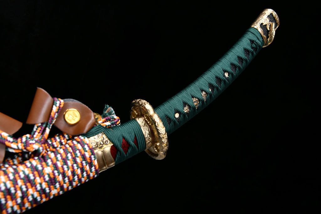 Handgefertigtes 41-Zoll-Tachi-Schwert mit polierter Klinge aus gemustertem Stahl – Damaszener Stahl – Griff mit umgekehrtem Chrysanthemen-Motiv (Beschläge aus hellem Kupfer) Tachi-Schwert