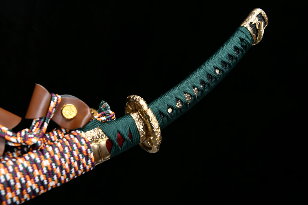 Handgefertigtes 41-Zoll-Tachi-Schwert mit polierter Klinge aus gemustertem Stahl – Damaszener Stahl – Griff mit umgekehrtem Chrysanthemen-Motiv (Beschläge aus hellem Kupfer) Tachi-Schwert