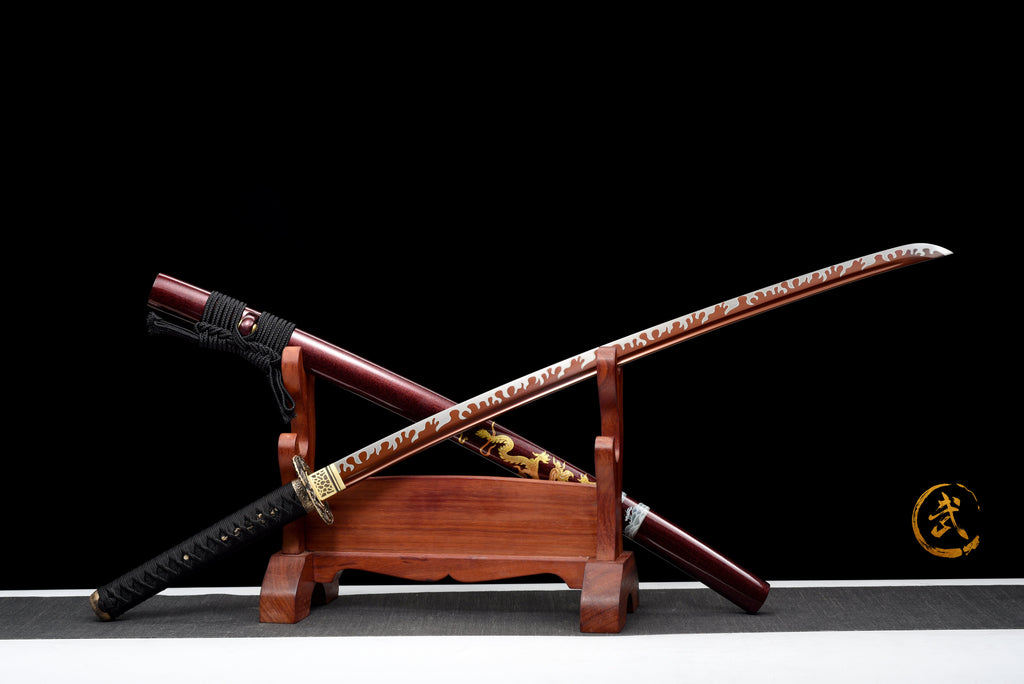 Handgefertigtes Full-Tang Katana aus 1095 Kohlenstoffstahl mit ROTE Klinge, echtes Katana-Schwert