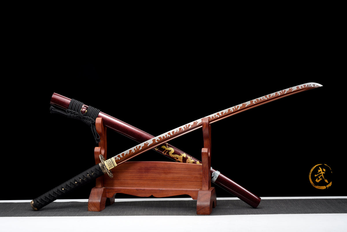Handgefertigtes Full-Tang Katana aus 1095 Kohlenstoffstahl mit ROTE Klinge, echtes Katana-Schwert