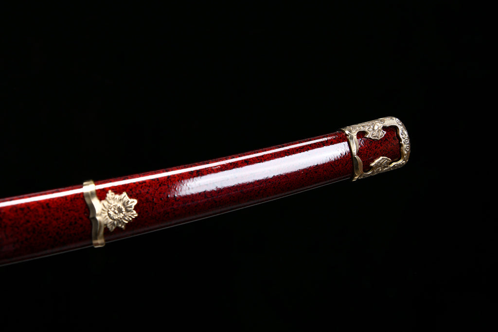 Handgefertigtes 41-Zoll-Tachi-Schwert mit polierter Klinge aus gemustertem Stahl – Damaszener Stahl – Griff mit umgekehrtem Chrysanthemen-Motiv (Beschläge aus hellem Kupfer) Tachi-Schwert