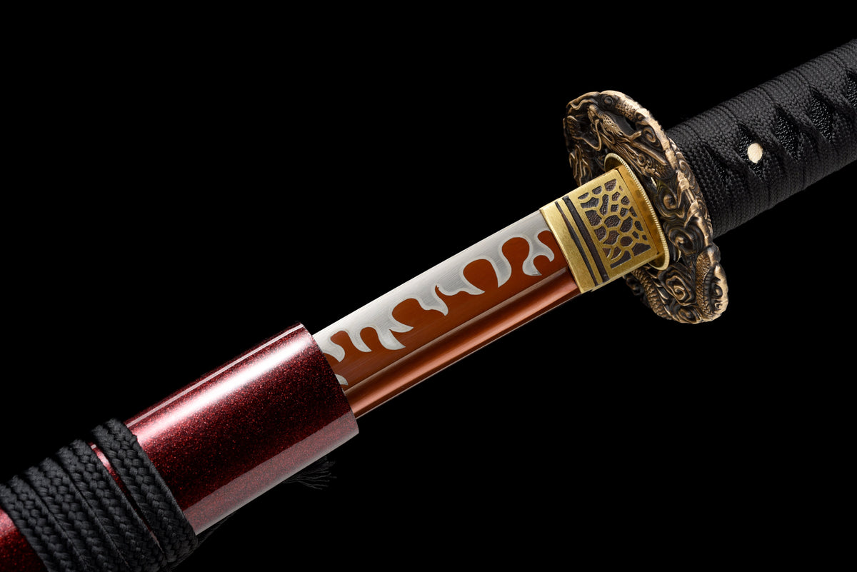 Handgefertigtes Full-Tang Katana aus 1095 Kohlenstoffstahl mit ROTE Klinge, echtes Katana-Schwert