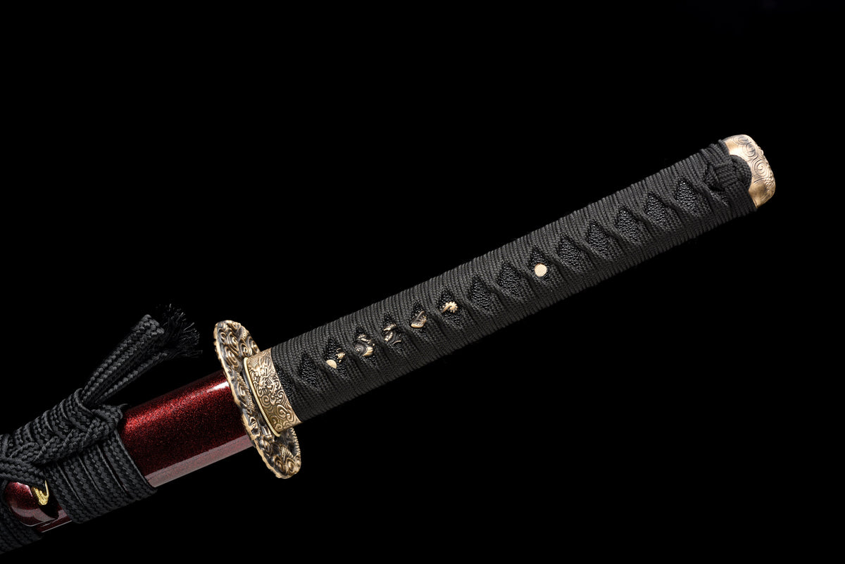 Handgefertigtes Full-Tang Katana aus 1095 Kohlenstoffstahl mit ROTE Klinge, echtes Katana-Schwert