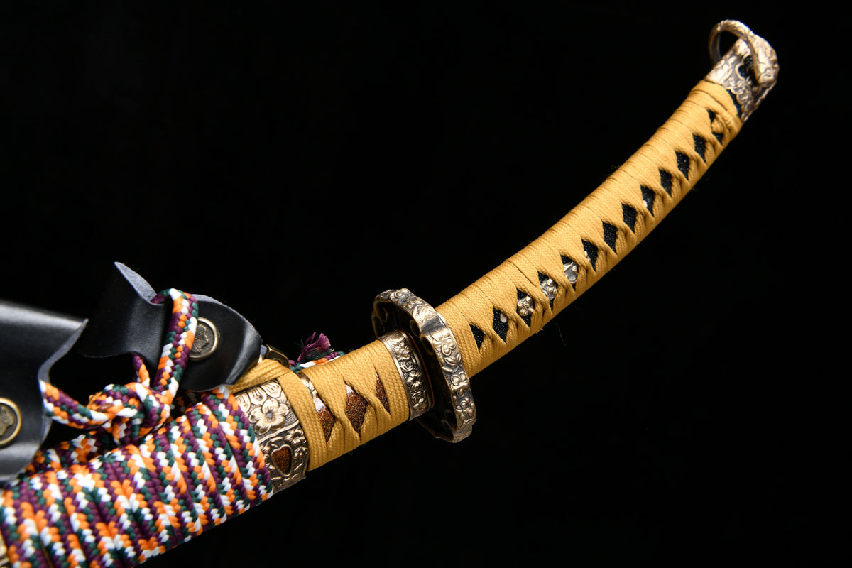 Handgefertigte, lange 41-Zoll-Klinge aus gemustertem Stahl, Finish, oberer Schliff, umgekehrter Griff, Großschwert, Damaszenerstahl — Oda Nobunaga — Tashi