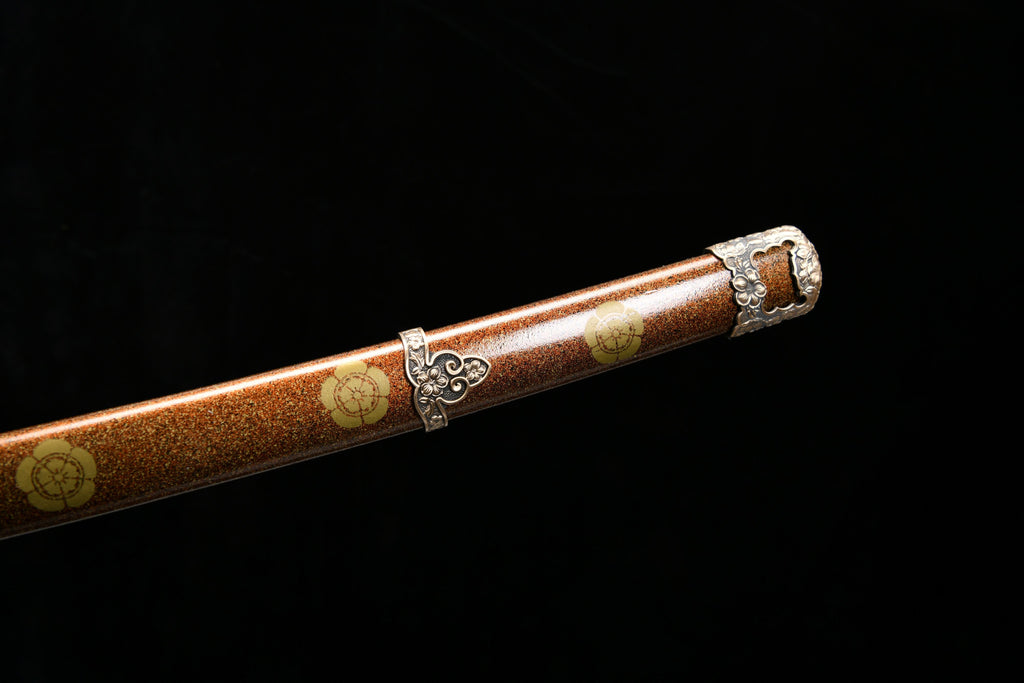 Handgefertigte, lange 41-Zoll-Klinge aus gemustertem Stahl, Finish, oberer Schliff, umgekehrter Griff, Großschwert, Damaszenerstahl — Oda Nobunaga — Tashi