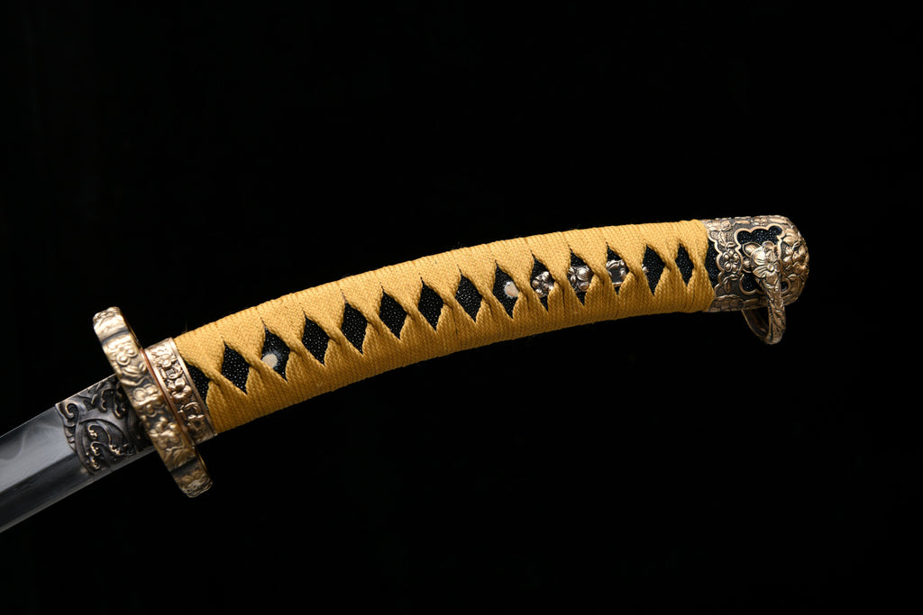 Handgefertigte, lange 41-Zoll-Klinge aus gemustertem Stahl, Finish, oberer Schliff, umgekehrter Griff, Großschwert, Damaszenerstahl — Oda Nobunaga — Tashi