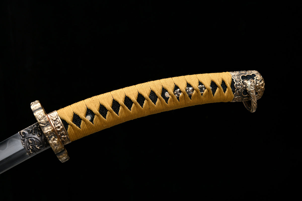 Handgefertigte, lange 41-Zoll-Klinge aus gemustertem Stahl, Finish, oberer Schliff, umgekehrter Griff, Großschwert, Damaszenerstahl — Oda Nobunaga — Tashi
