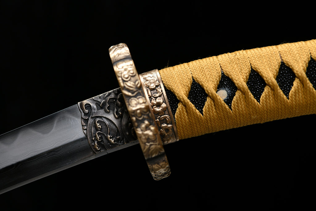 Handgefertigte, lange 41-Zoll-Klinge aus gemustertem Stahl, Finish, oberer Schliff, umgekehrter Griff, Großschwert, Damaszenerstahl — Oda Nobunaga — Tashi