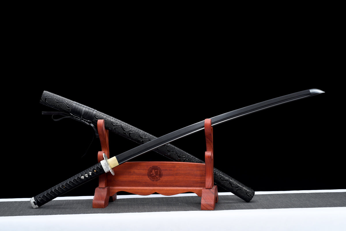 Handgefertigtes Full-Tang-Katana, 1045er Stahl, schwarze Klinge und schwarze Lederscheide, echtes Katana-Schwert
