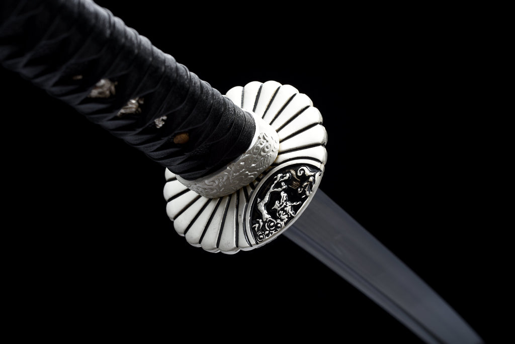Handgefertigtes Full-Tang-Katana, 1045er Stahl, schwarze Klinge und schwarze Lederscheide, echtes Katana-Schwert