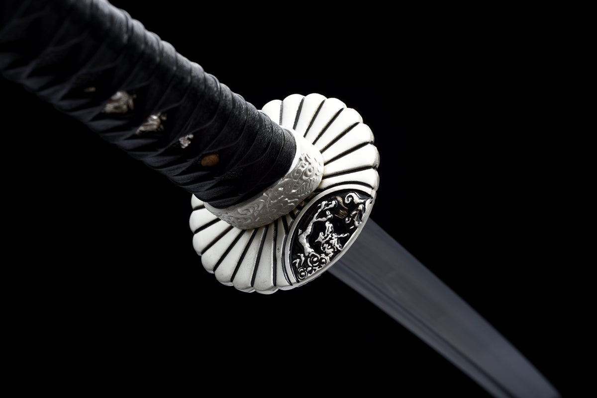 Handgefertigtes Full-Tang-Katana, 1045er Stahl, schwarze Klinge und schwarze Lederscheide, echtes Katana-Schwert