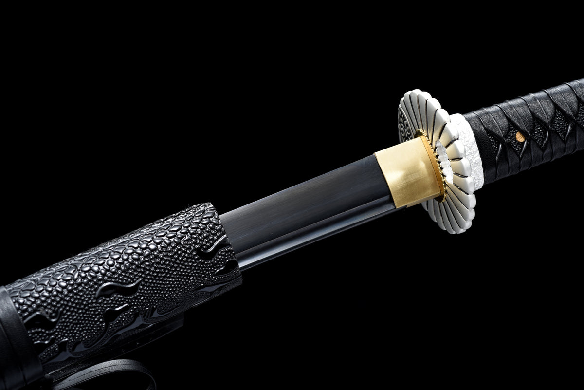 Handgefertigtes Full-Tang-Katana, 1045er Stahl, schwarze Klinge und schwarze Lederscheide, echtes Katana-Schwert