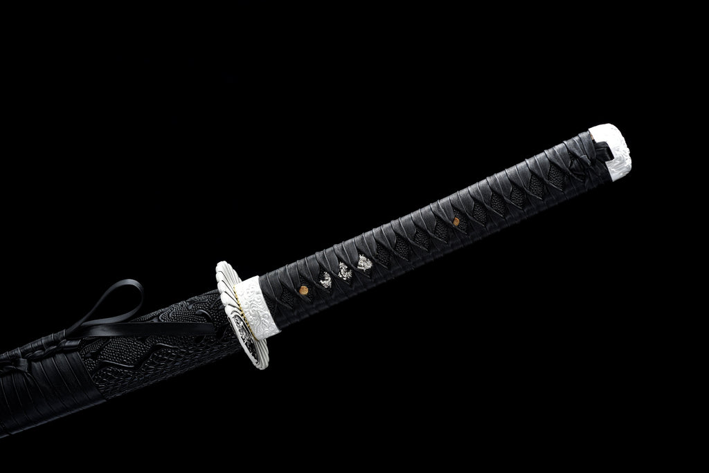 Handgefertigtes Full-Tang-Katana, 1045er Stahl, schwarze Klinge und schwarze Lederscheide, echtes Katana-Schwert