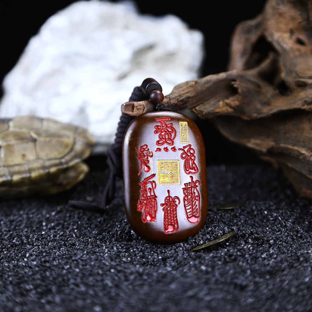 Wooden Five-Thunder Talisman Pendant | Spiritual Protection Amulet with Taoist Symbols | Handcrafted Carved Necklace