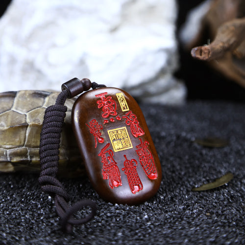 Wooden Five-Thunder Talisman Pendant | Spiritual Protection Amulet with Taoist Symbols | Handcrafted Carved Necklace